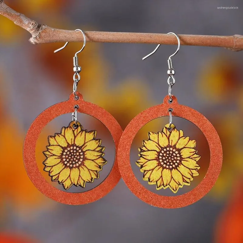 Boucles d'oreilles rondes creuses tournesol fleur mode 3D papillon Double face impression bijoux en bois cadeau avec fille