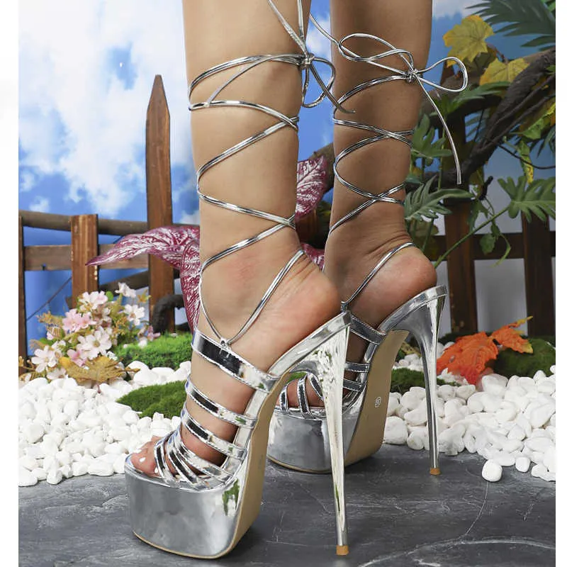 Kvinna Sandals Designer Banket Party Extreme Stiletto High Heels Women Sexig Platform smal Band Ankle Lace-Up Ladies Shoes 230511