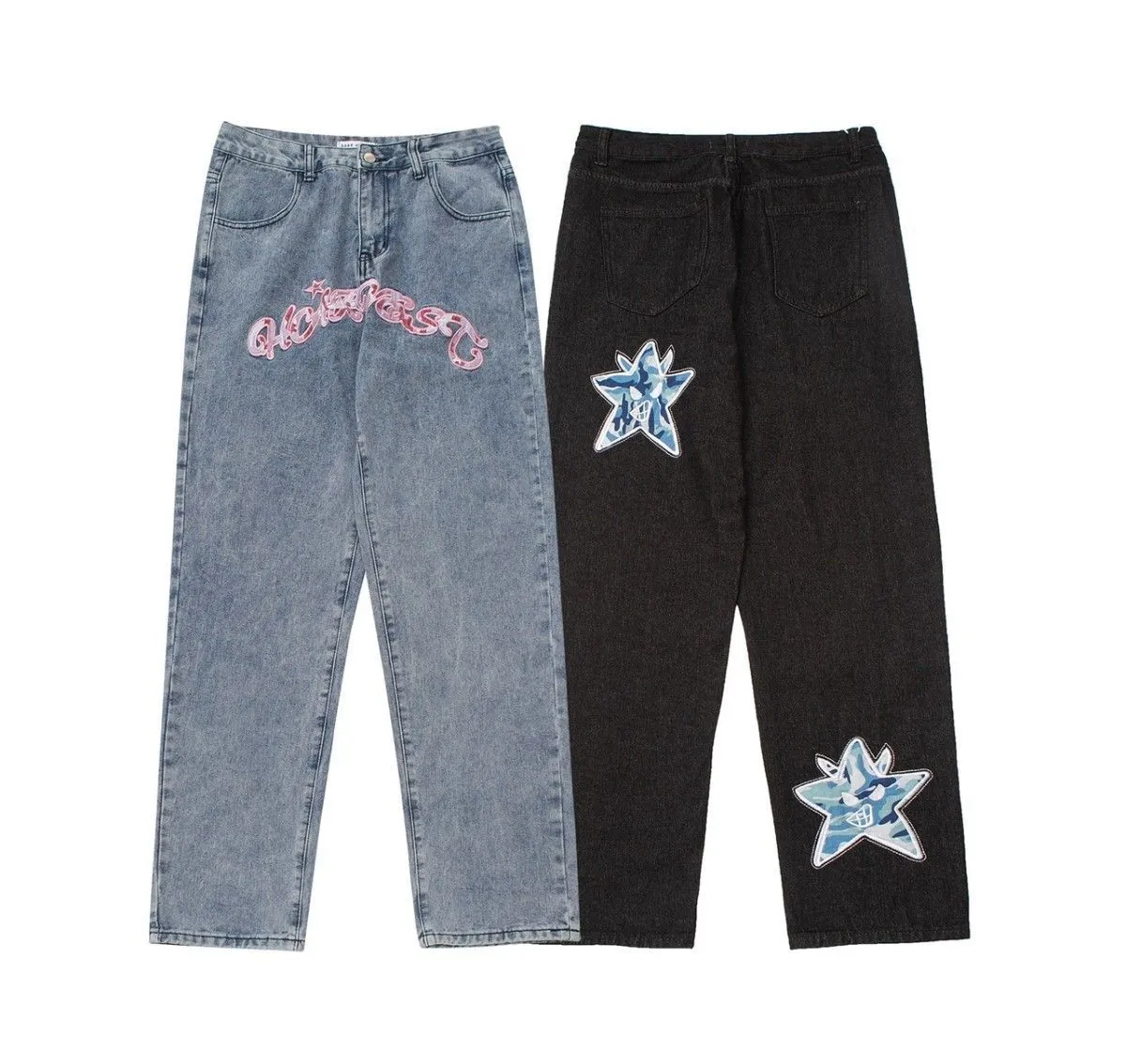 Jeans para hombres Estilo americano para hombres de gran tamaño street print letter star jeans pareja hip hop high street primavera y otoño pantalones rectos sueltos 230529