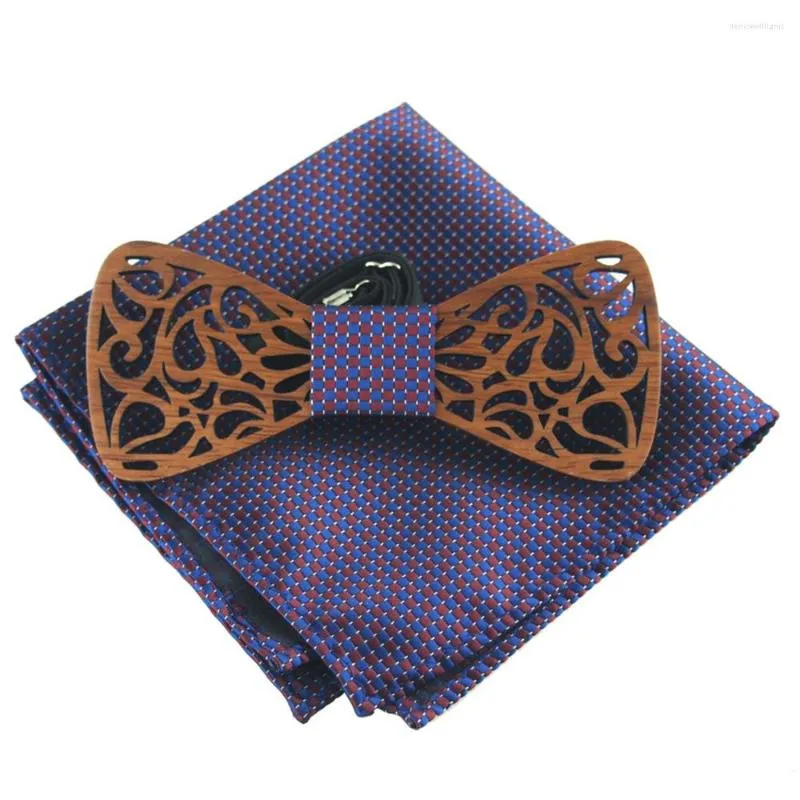 Pajaritas RBOCOFashion Novedad Paisley Corbata de madera y pañuelo Conjunto de hombres Plaid Wood Hollow Floral Bowtie Box