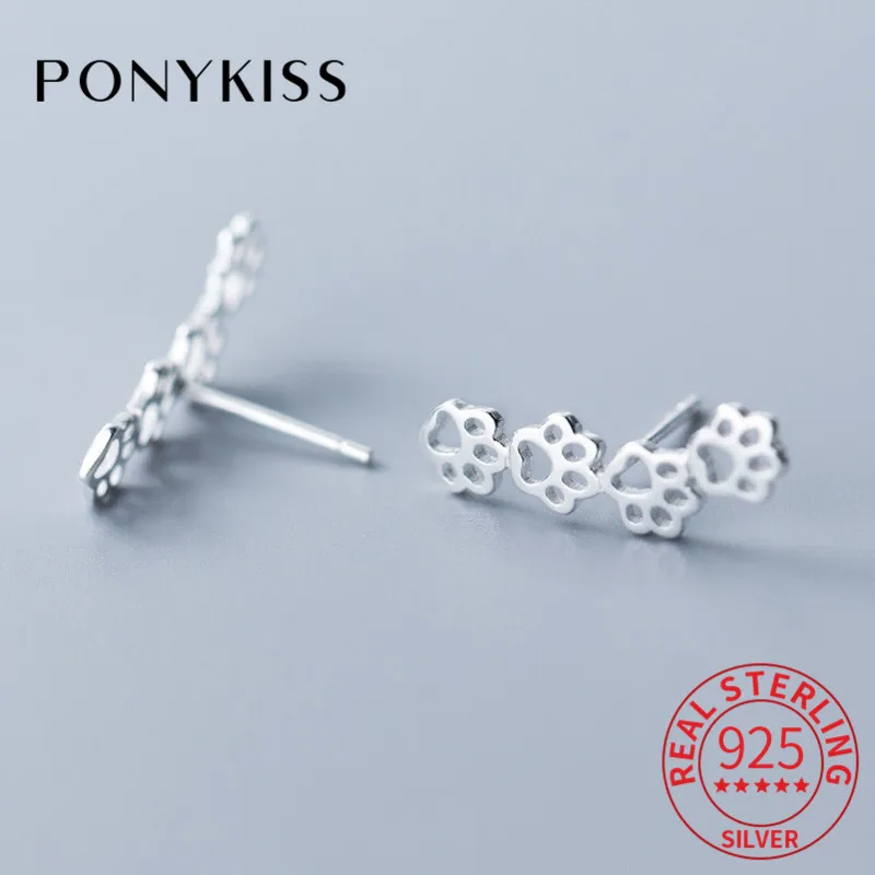 PONYKISS Romantic 100% 925 Sterling Silver Cute Dog Cat Footprints Paw Stud Earrings Girl Lovely Delicate Jewelry Birthday Gift