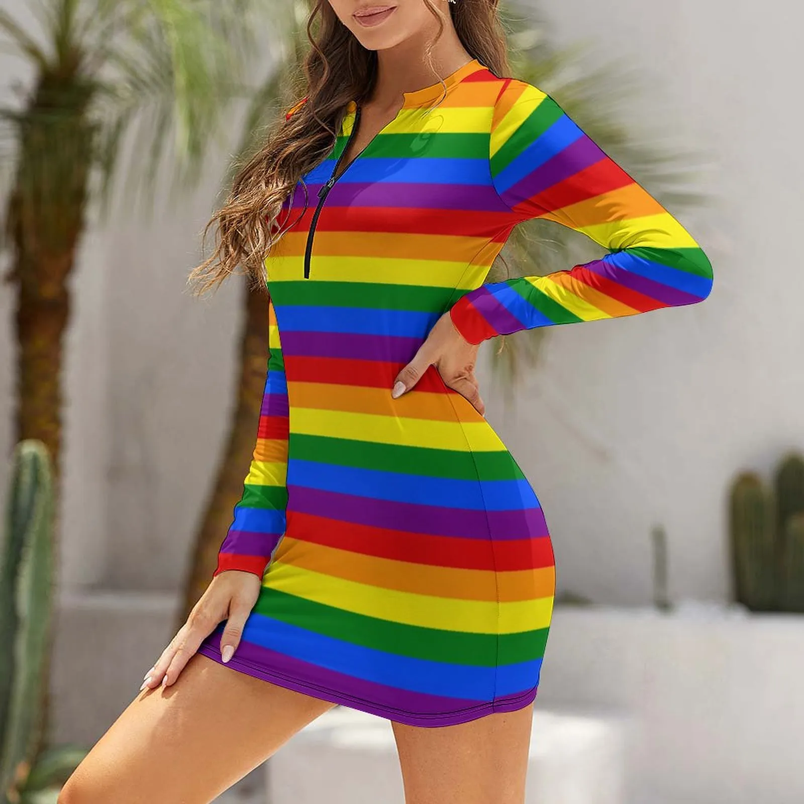 Kleurrijke regenboogvlagjurk vrouwen gay pride lgbt modern patroon esthetische bodycon jurk lente lage mouw nachtclub jurken