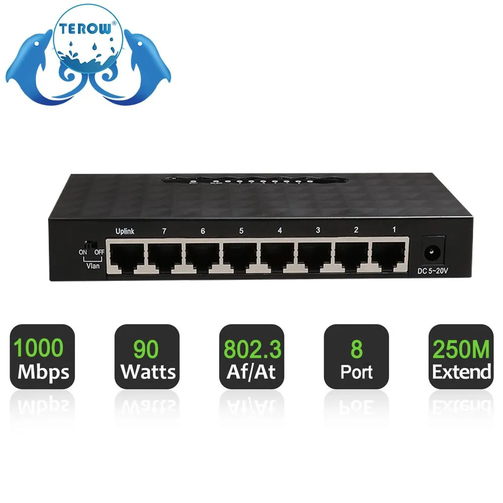 Commutateurs Switch Gigabit Terow Link TE197 8 Port 100/1000Mbps 8 Interrupteur Ethernet rapide avec alimentation VLAN pour la caméra