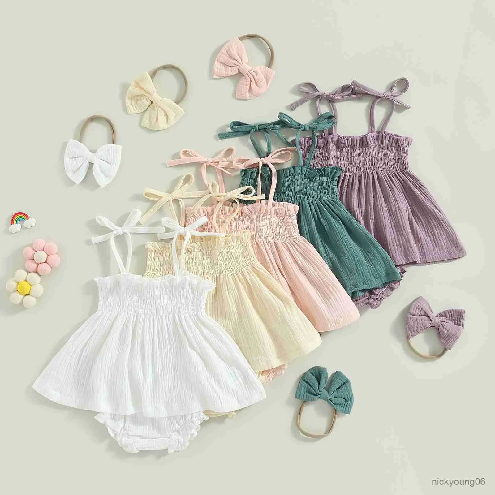 Conjuntos de ropa para bebés recién nacidos, conjuntos de verano para niñas, sin mangas, con tirantes, tops fruncidos y pantalones cortos, conjunto de diadema de 0 a 24 meses