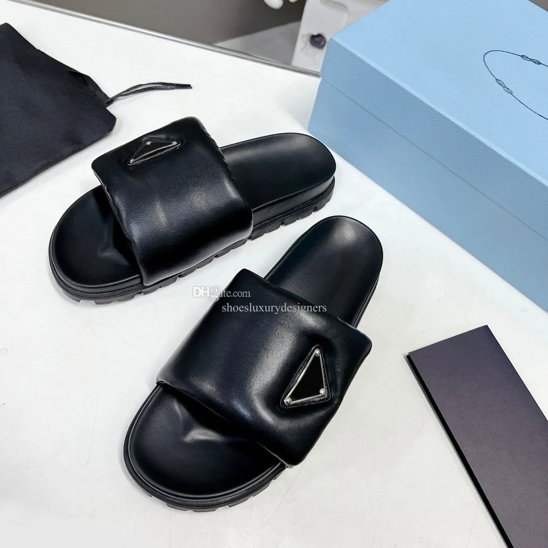 Soft padded nappa leather slippers slides Summer Sandals slip on triangle logo flats shoes women's luxury designer factory footwear