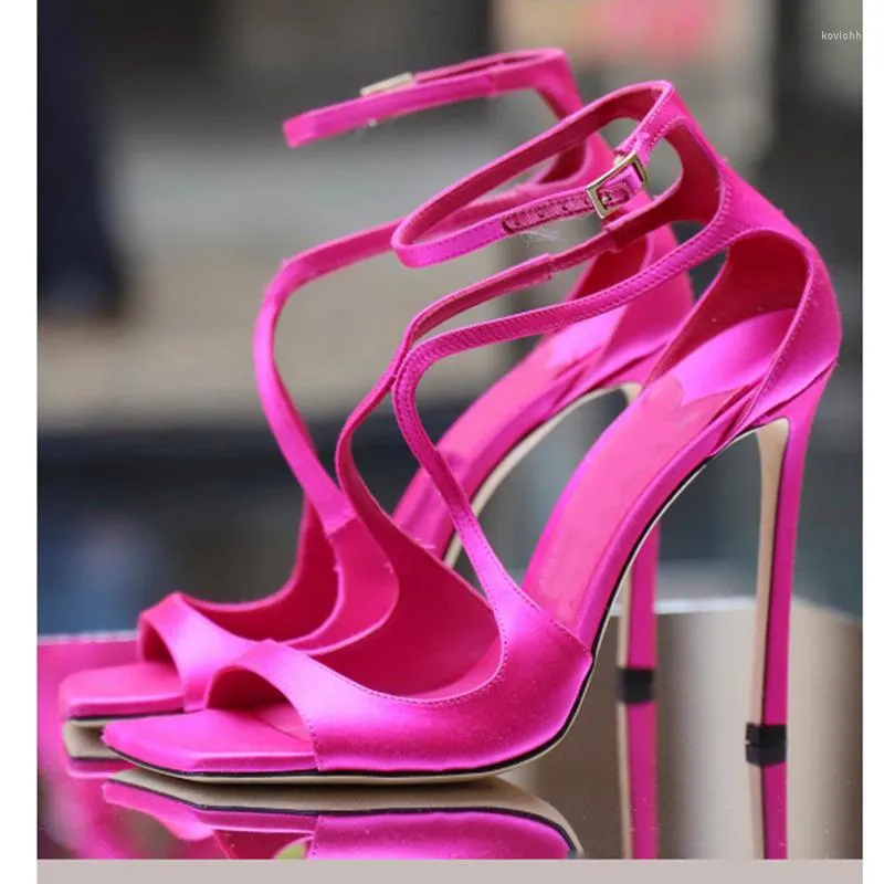 Fuchsia Satin Stiletto Strappy Sandals Heels With Square Toe And