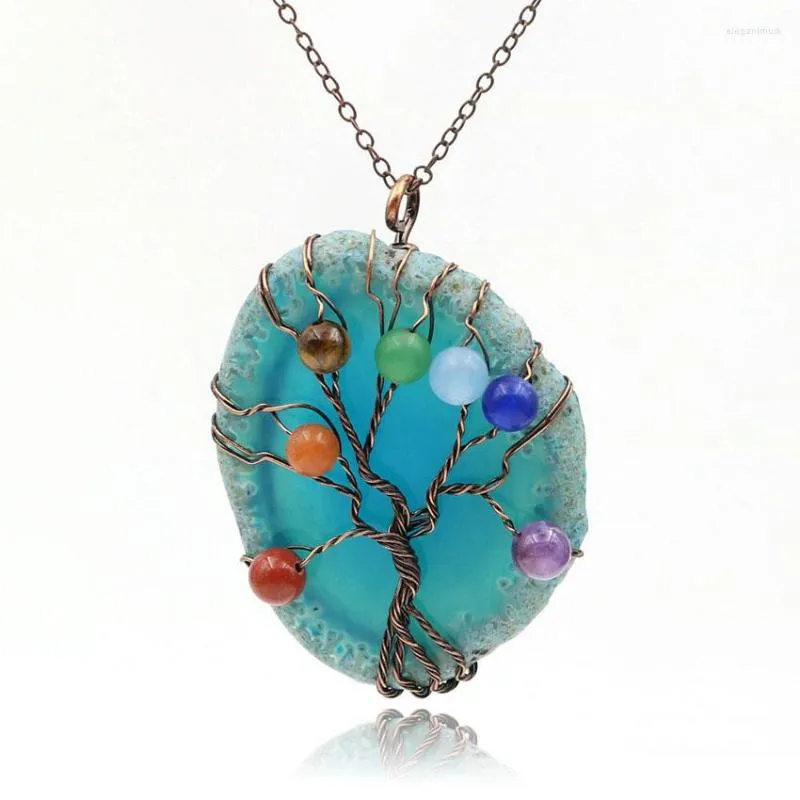 Pendentif Colliers FYJS Unique Fil De Cuivre Wrap Forme Irrégulière De Nombreuses Couleurs Agates Lien Chaîne Collier Arbre De Vie Bijoux