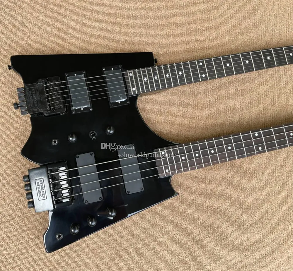 ブラック エレキベース ダブルカッタウェイ Double Neck Headless 4 Strings Bass Guitar+6 Strings
