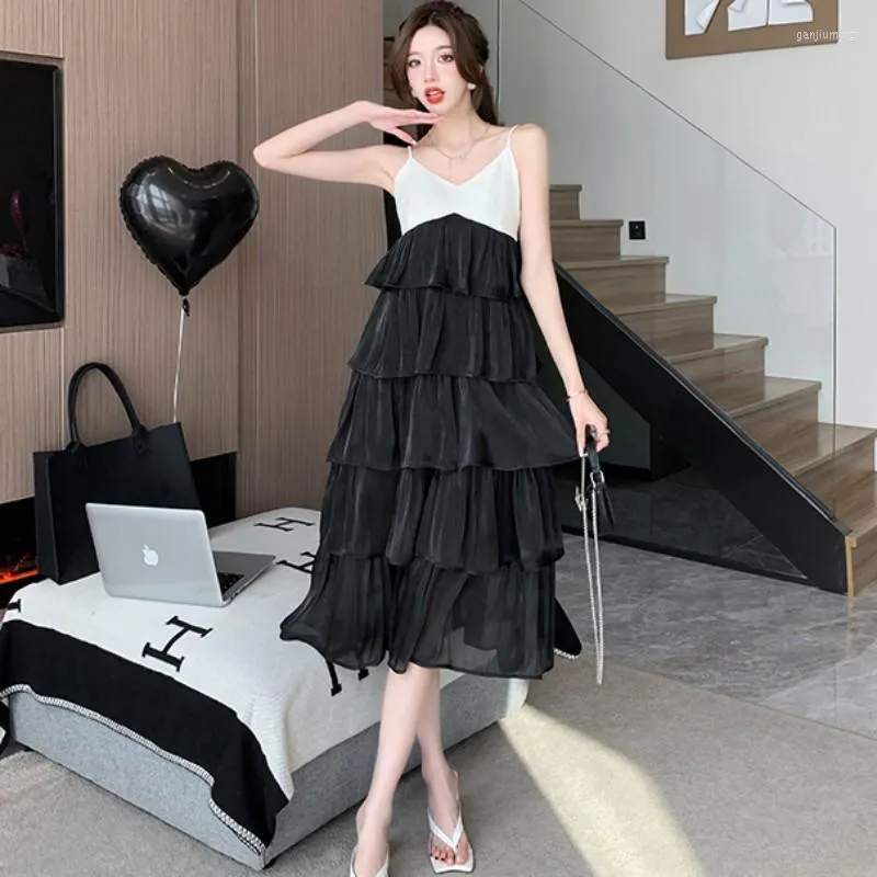 Casual Dresses 2023 Summer Style Camisole Dress Little Chap Splice Appear Thin Sweet Insert Bright Silk Chiffon V-neck Cake