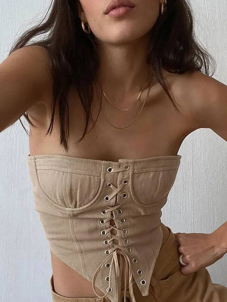 T-shirt laceup corset sans bretelles top women binder poitrine crop top y2k vêtements asymmertical balette tube tobe
