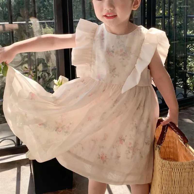 Girl Dresses Kids For Girls 2023 Summer Floral Dress Korean Version Princess Fashion Mesh Knee-Length Cotton O-neck