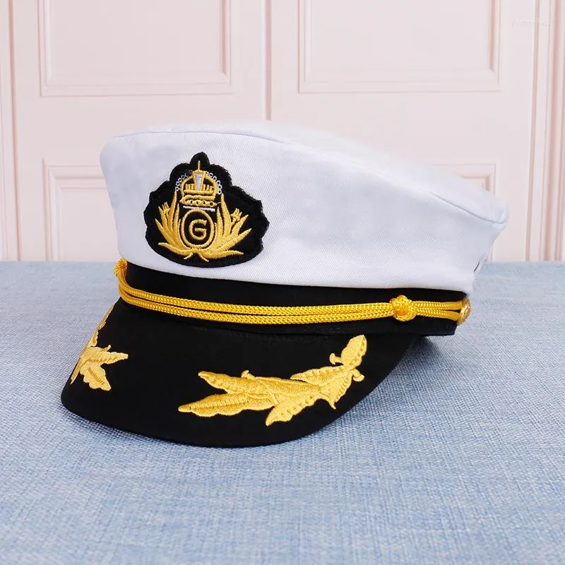 Boinas de pedestres adultos para barcos de barco para adultos marinheiro Capitão fantasia de algodão Capitão Marinha Marinha Almirante Bordado Capitão (branco)