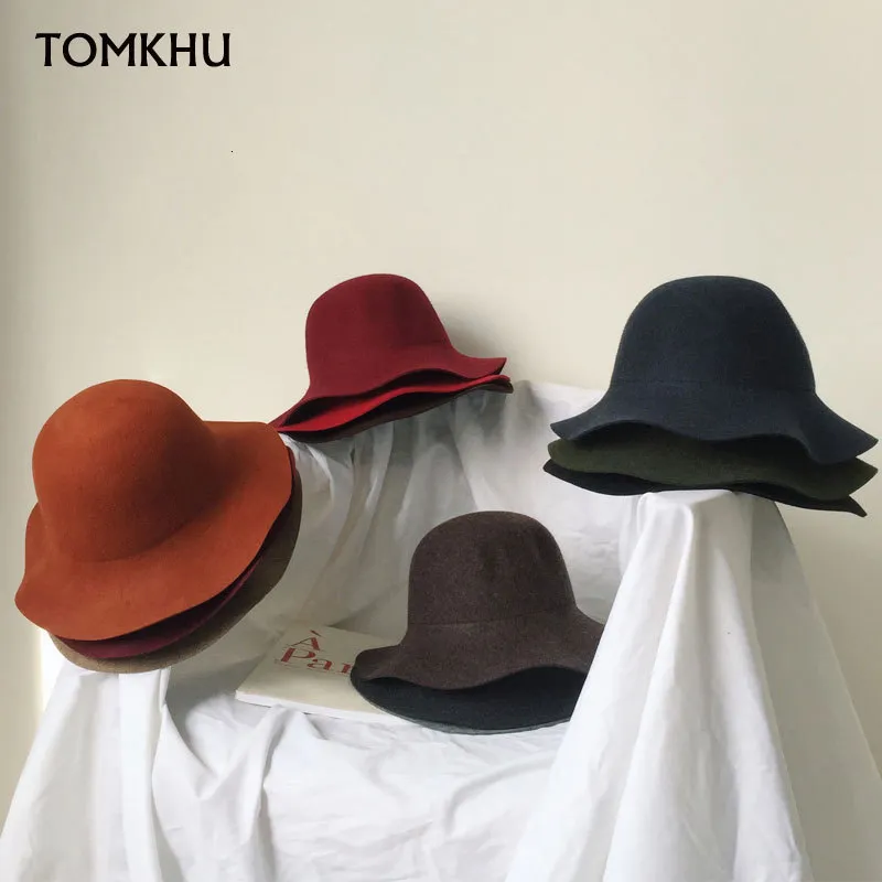 Wide Brim Hats Bucket Hats Autumn Winter Ruffled Fisherman Bucket Hat For Women Fashion Wide Brim Fedora Wool Dome Top Casual Sombrero Muje Cape Hat 230529