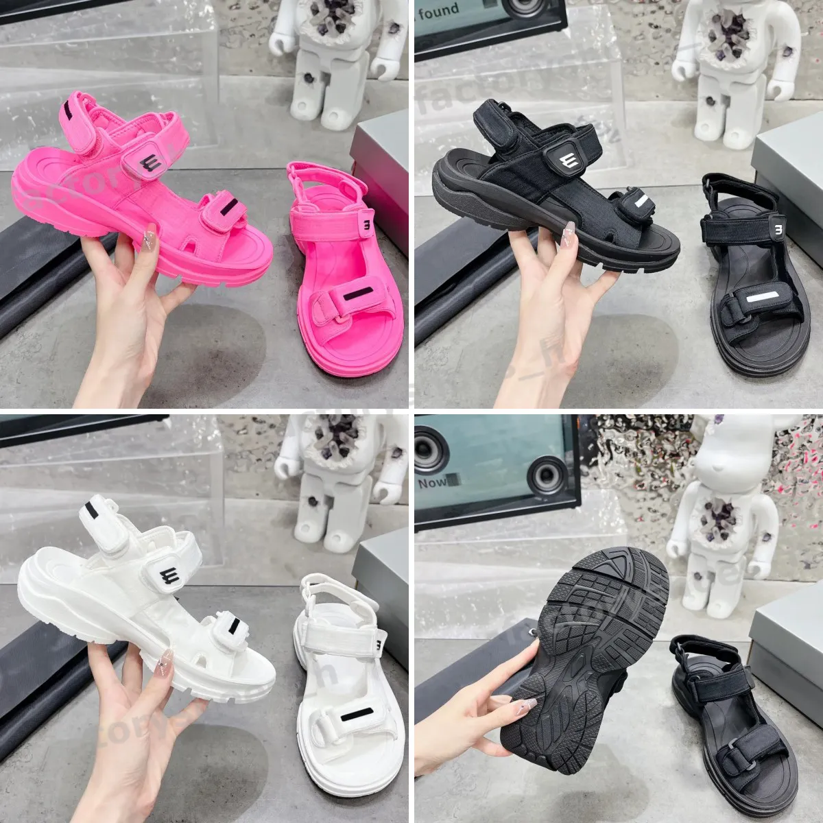 Designer-Sandalen, Touristen-Sandale, Damen-Hausschuhe, Klettverschluss-Sandale, Plateauschuhe, Leder-Slipper, Gummi-Rutschen, Karabiner-Schnalle, Sommer-Strand-Sandale