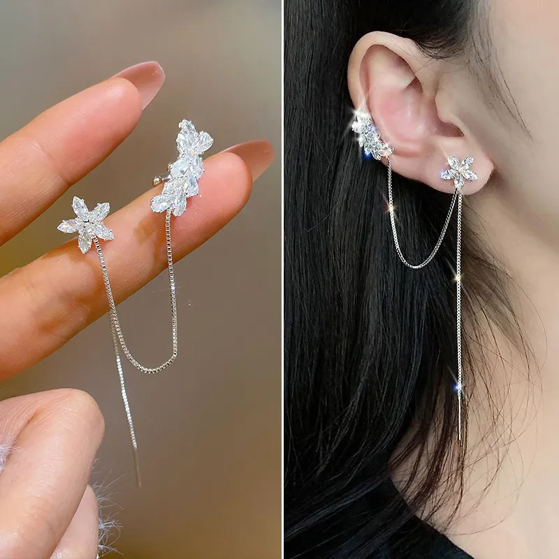 New Arrival Crystal Trendy Water Flower Tassel Earbone Clip Ins Earrings Long Line Pendientes Female Elegant Jewelry Girl Gifts