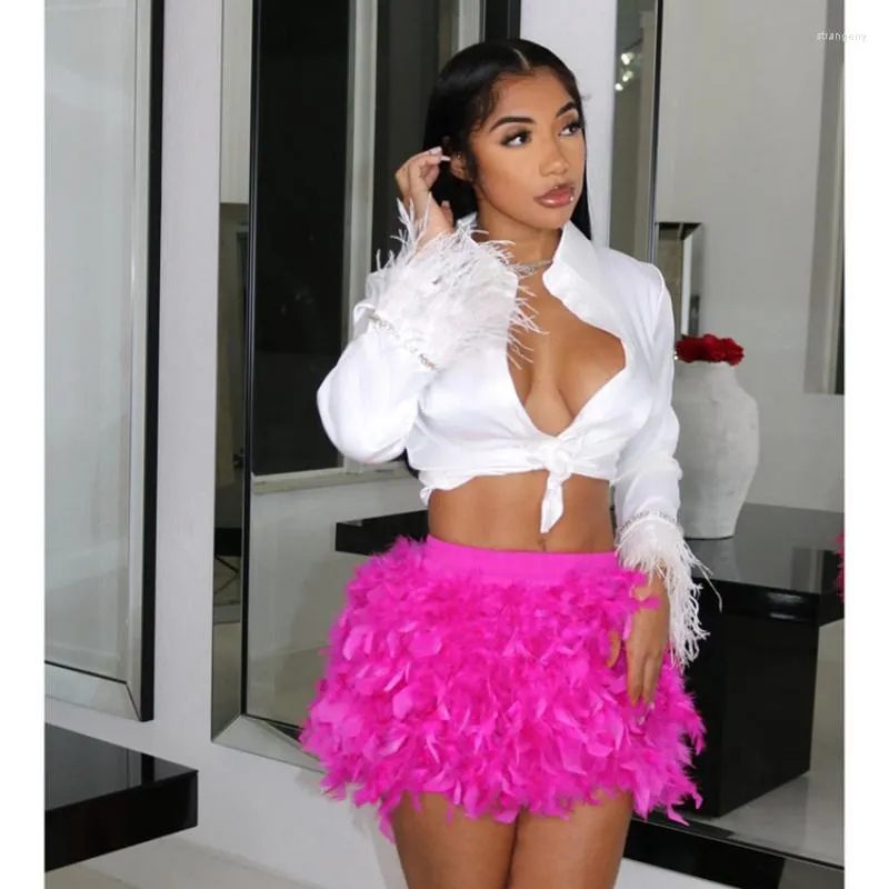 Feather Trim Mini Skirt Dress Sexy Rose Red Y2K Clubwear, High Waist  Summer Party Outfit for Women Buy Now!