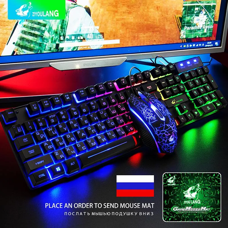 Combos nova chegada em inglês teclado de jogos russos e mouse rgb led backlight plug e tocar teclado à prova d'água
