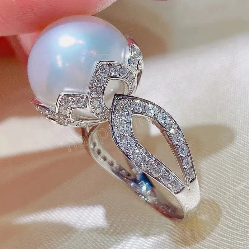 Trendy White Big Pearl Cubic Zirconia Rings voor vrouwen prachtige verloving bruiloft accessoires sieraden