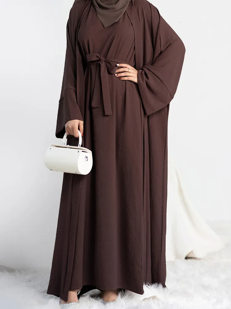 Etniska kläder 2 bit Abaya Kimono matchande muslimsk set Ramadan Abayas för kvinnor Dubai Turkiet Inner Hijab Dress African Islam Clothing Jilbab 230529