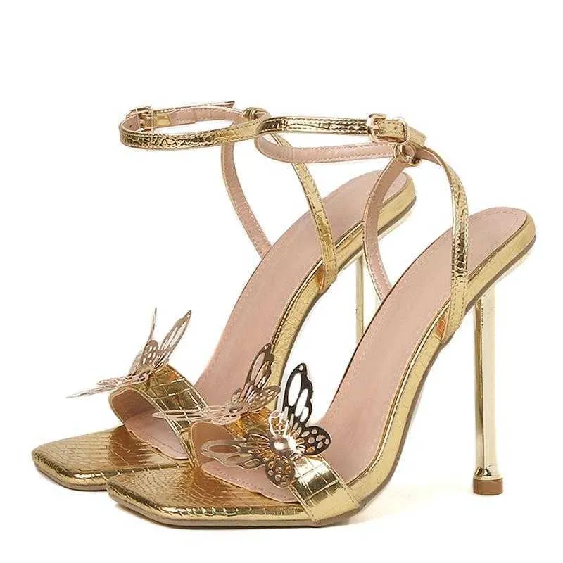 NXY Sandalen 2023 Golden Butterfly-Knot High Heel Women Stripper Buckle Birt Square Toe Party Prom Sexy Pump Shoes 230511