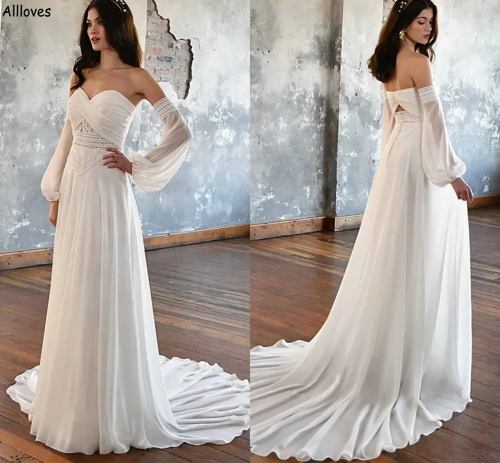 Bohemia A Line Chiffon Sweetheart Sexy trouwjurken voor bruid Summer Beach kant geplooid met afneembare lange mouwen Bridal Robes de Mariee Sweep Train Chic CL0240