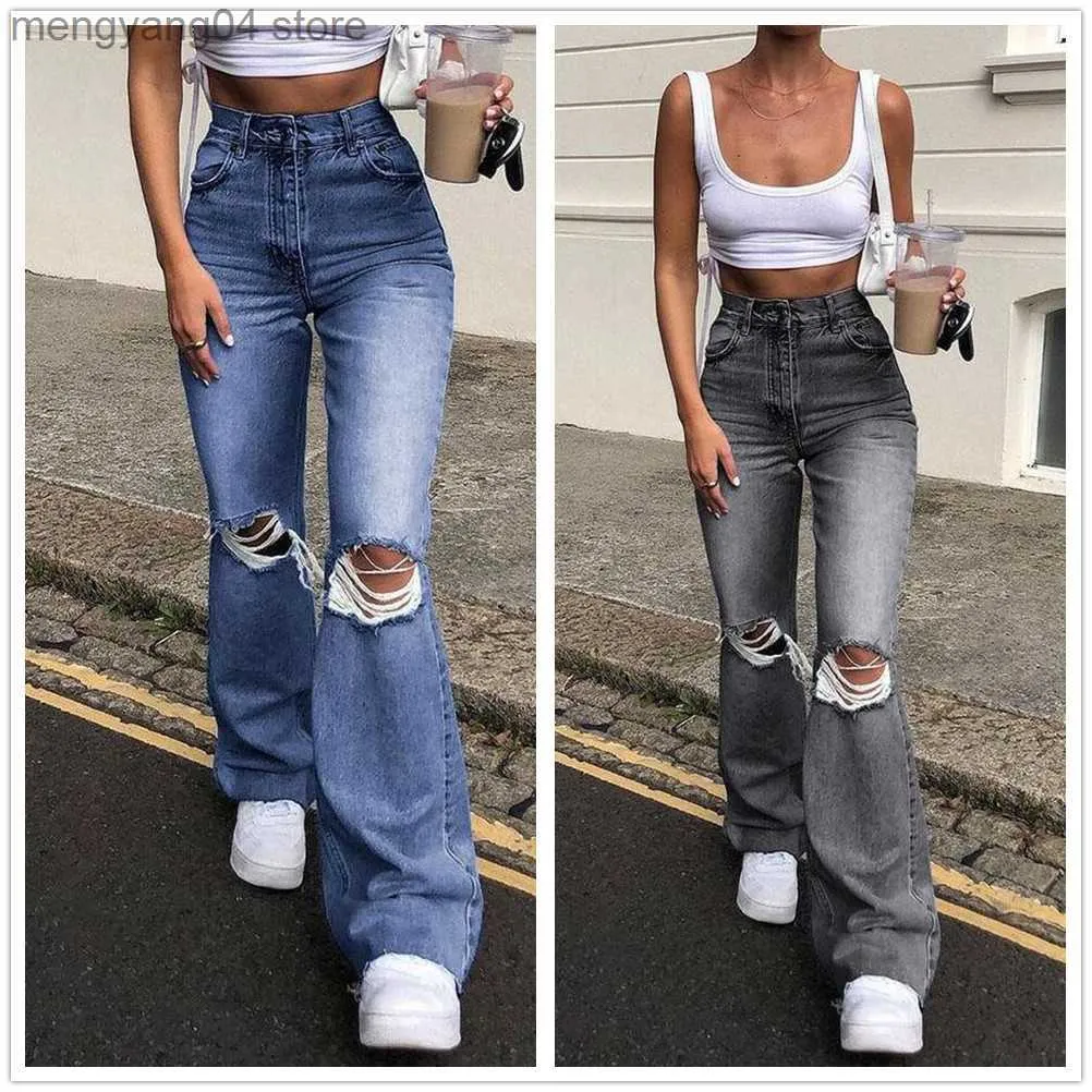 الجينز للسيدات 2021 فال سقوط جديد عالي الخصر ممزق الجينز الجينز الرجعية غير الرسمية Slim Denim Boot Cut Pants S-2XL Drop Shipping T230530