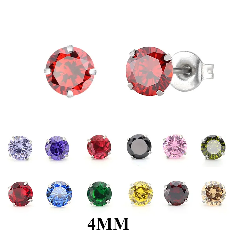 4MM New Four-claw Inlaid Stainless Steel Crystal AAA Colorful Zircon Fine Needle Stud Earrings Titanium Steel Earrings Jewelry