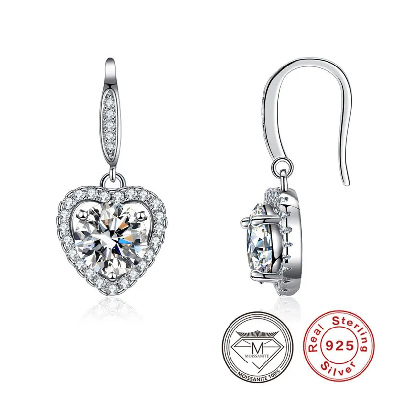 100% Real 925 Sterling Silver Moissanite Wedding Earrings Love Heart Pattern Dangle Earring Jewelry Wome