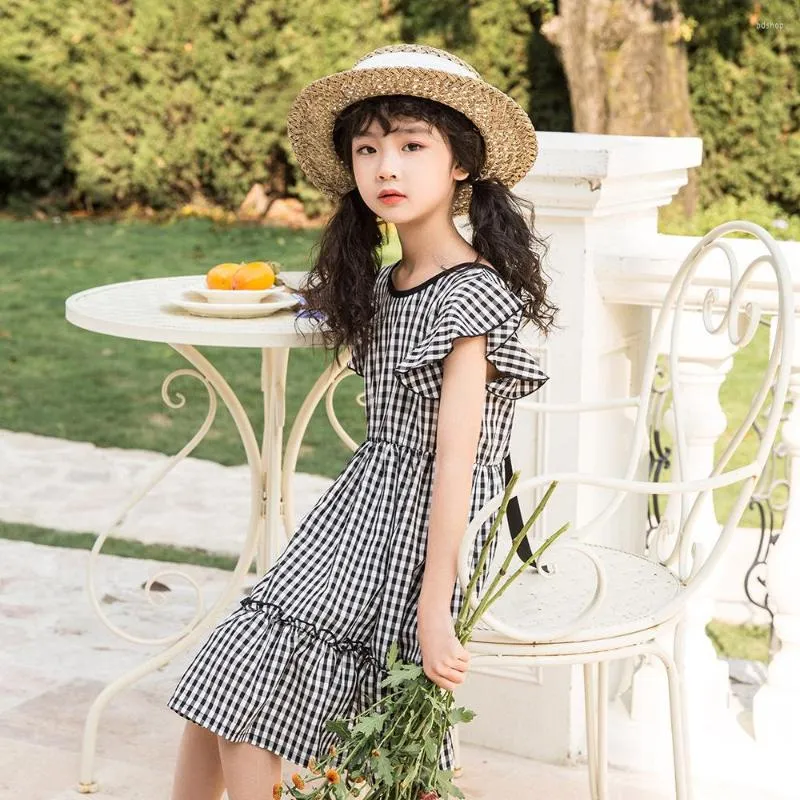 Mädchen Kleider Mädchen Casual Urlaub Kleid Sommer 2023 Teen Kinder Ausgestellte Ärmel Plaid Prinzessin Stil Kinder Patchwork