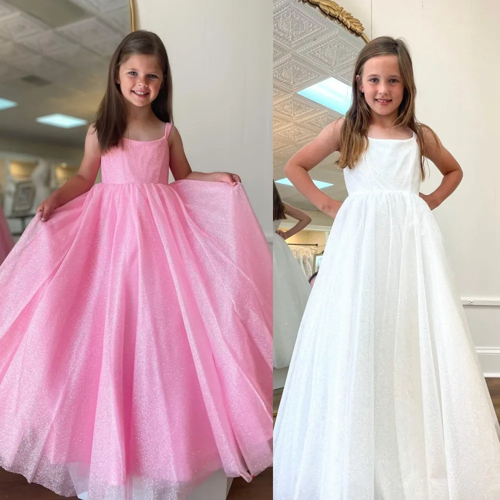 Shimmer Girl Pageant Dress 2023 Flower Girls Glitter Tulle Little Kids 생일 공식 파티 가운 유아용 유아 십대 Tiny Young Junior Miss Blush White