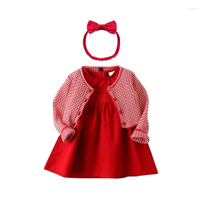 Flickaklänningar 2023 Spring Autumn Long Sleeve Baby Girls Dress for Choping Birthday Party Toddler Coat pannband 9 kläder 6