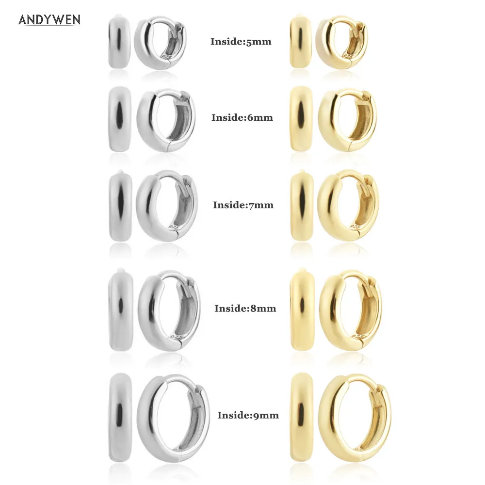 Andywen 925 Sterling Silver Gold 3.5mmthick 5mm〜9 mm Circle Huggies Piercing Clip Circle Pendientes Hoop Earin