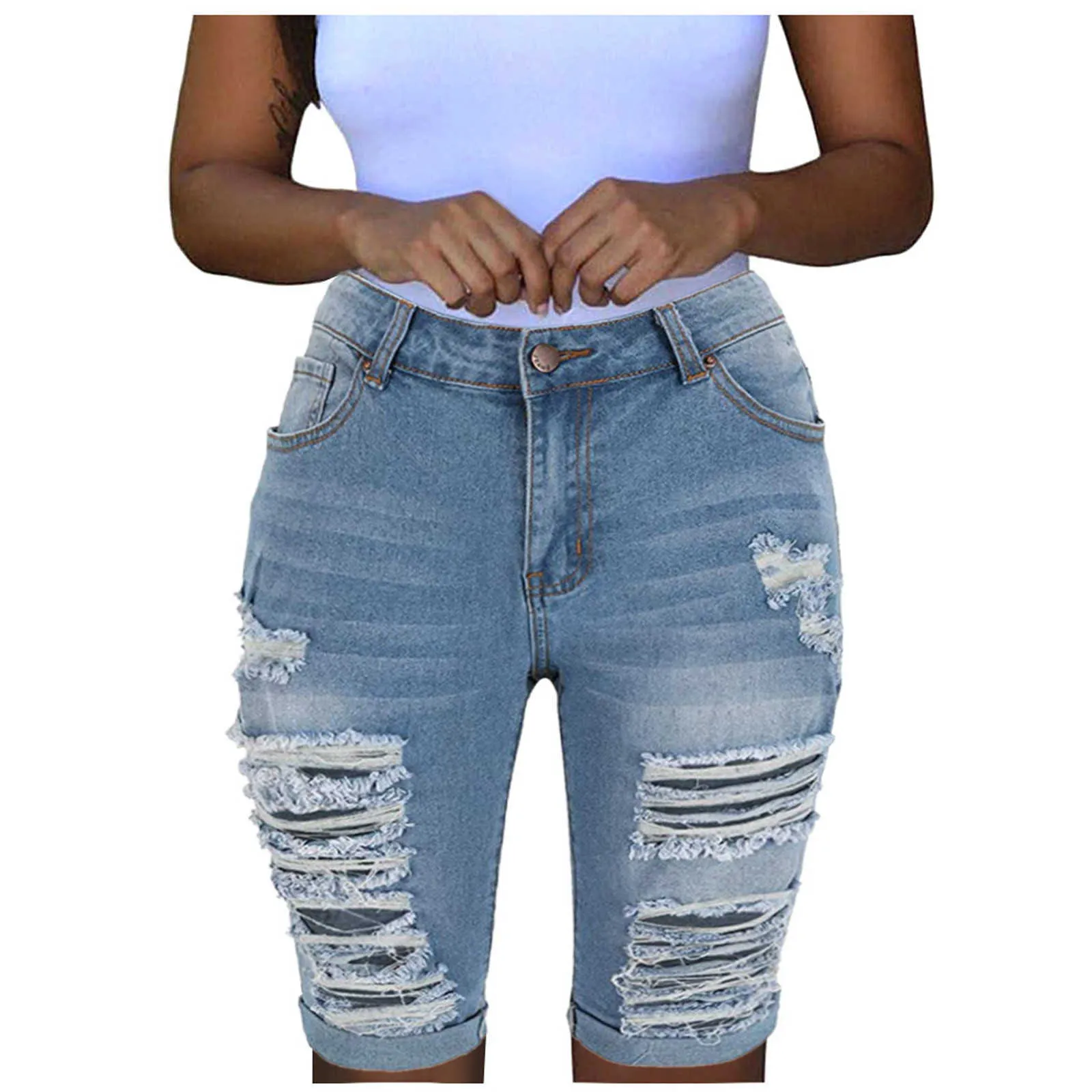 New Summer Short Leg Long High Waist Pockets Solid Jeans denim Pants Women's Open Bottom Shorts P230530