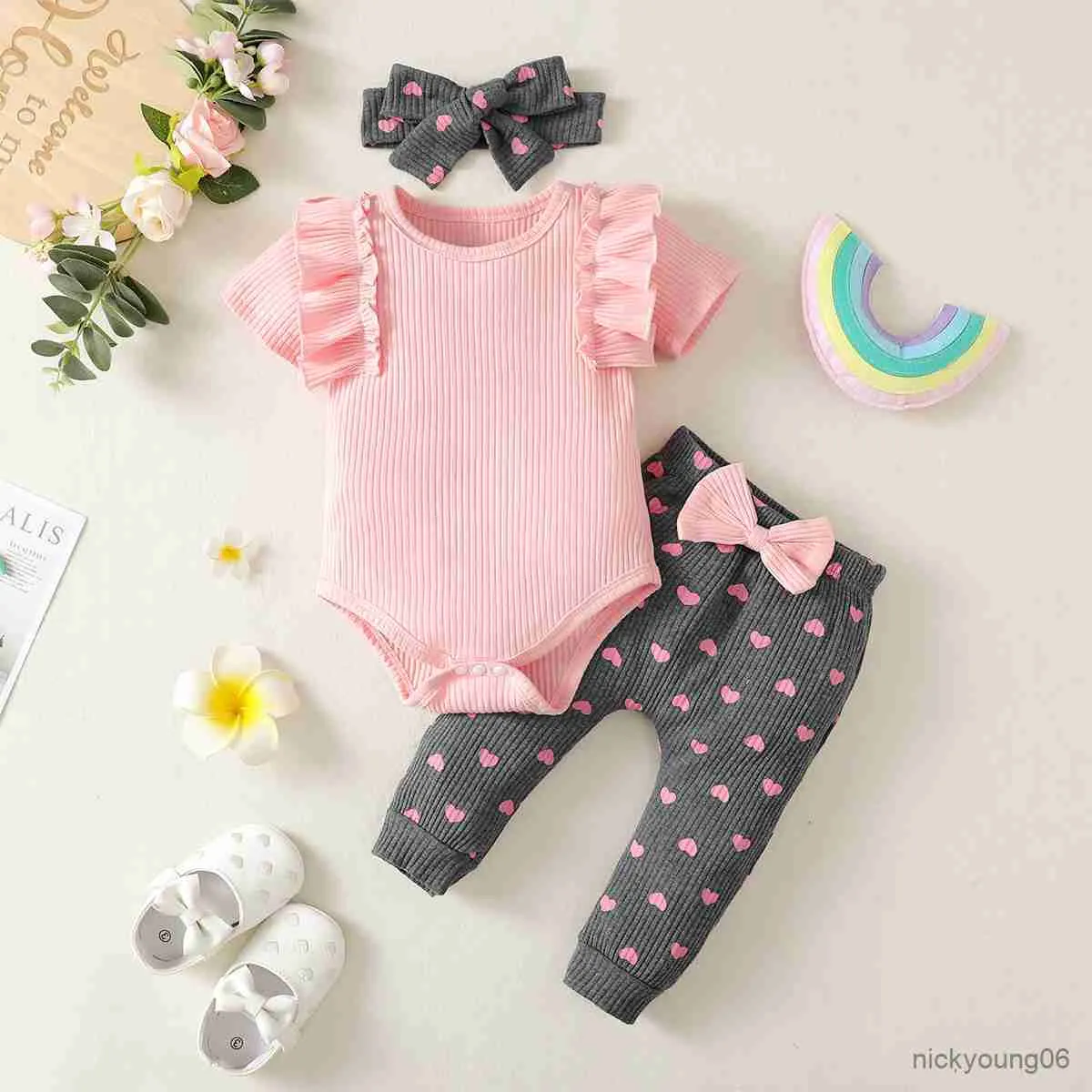 Kläder sätter nyfödd baby flicka sommarrosa runda nacke kortärmade sele med mörkgrå persika tryckbyxor