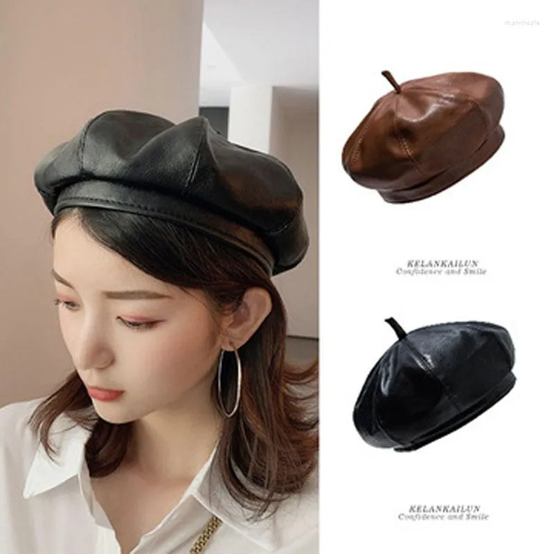 Berets Vintage Port Style Pu Leather Beret Dames Wild Fashion Fall and Winter Painter's Cap Big Head Wai Pumpkin