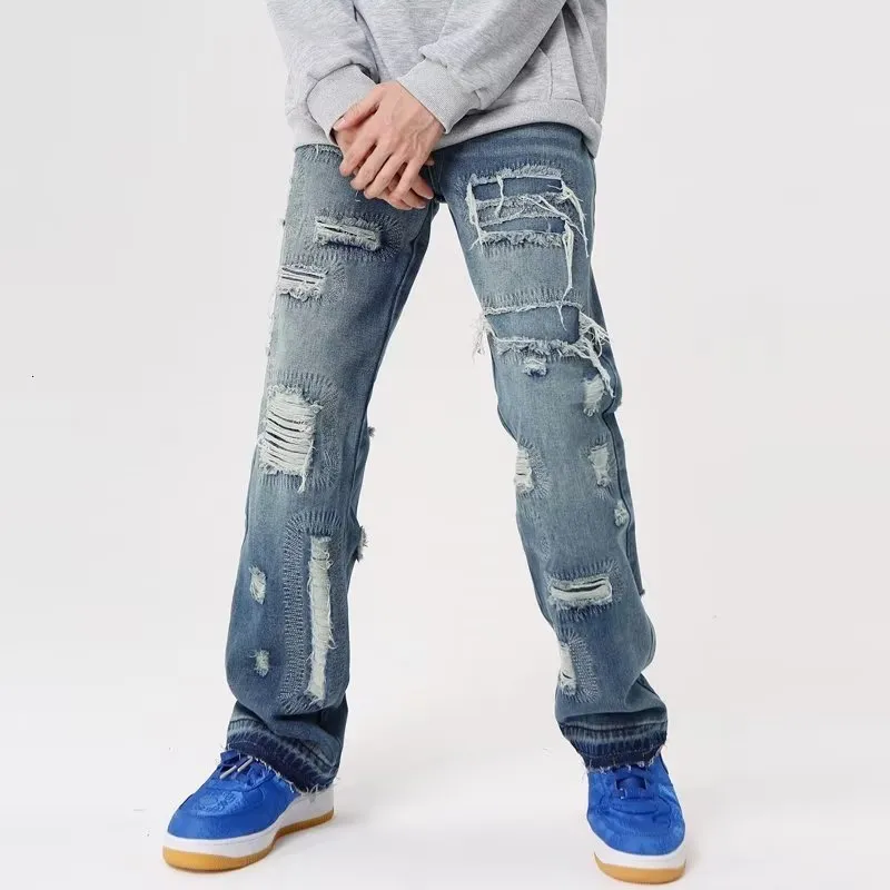 Mens Jeans Grunge Clothes Y2K Streetwear Ripped Stacked Jeans