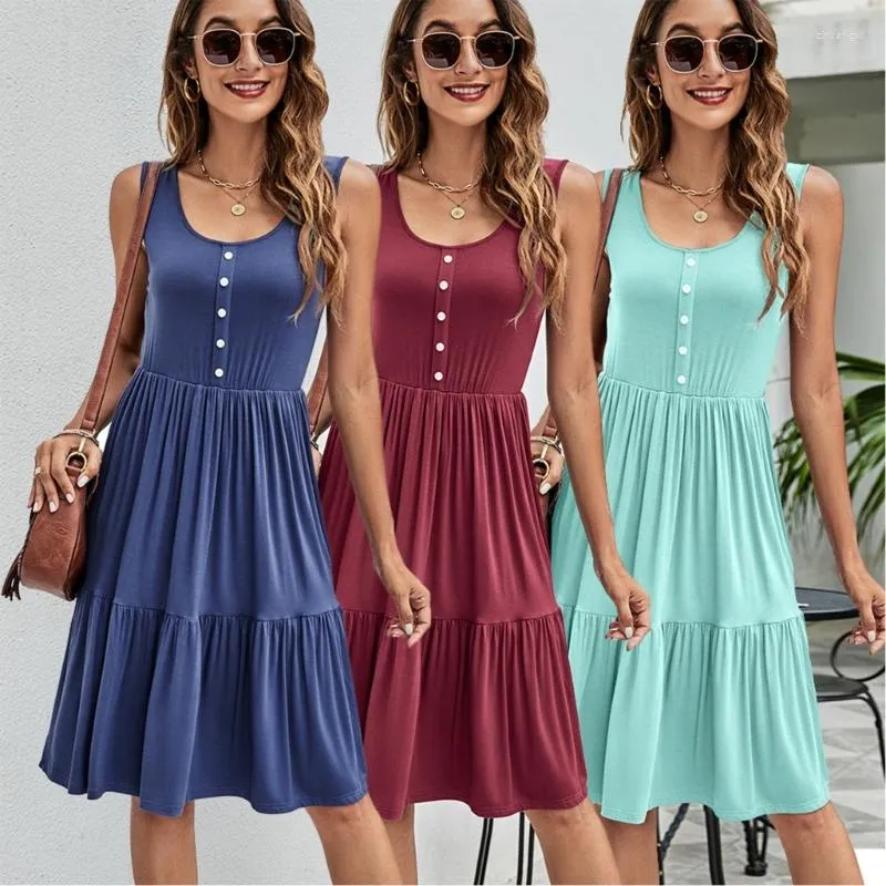 Casual Dresses Womens Summer Sleepveless U-halsknappar Front A-Line Midi Long Dress Solid Color Pleated Tiered Ruffle Hem Swing 10CD