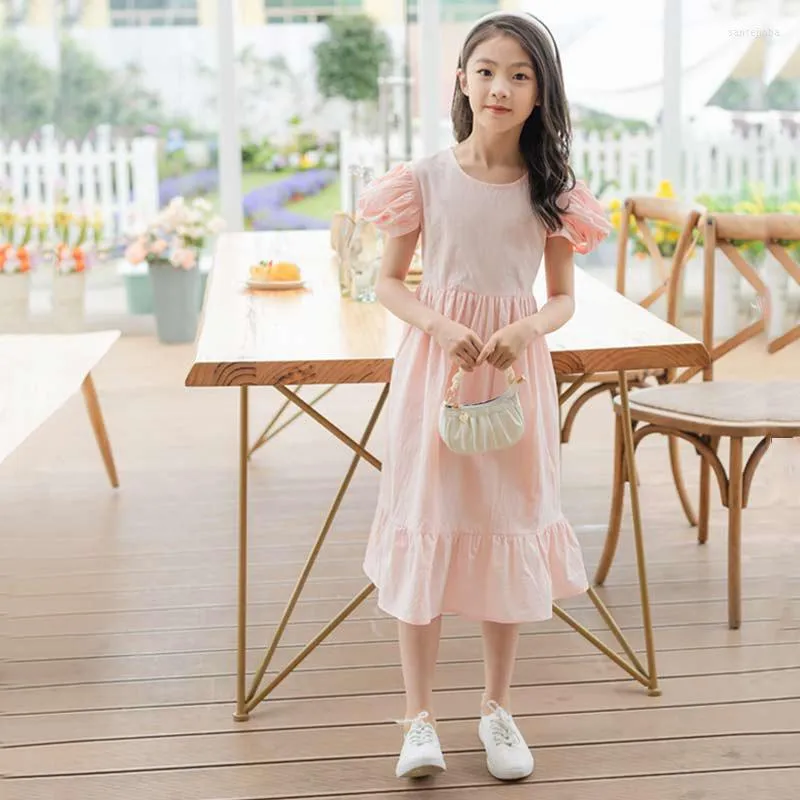 Girl Dresses Teenage Girls Round Neck Solid Pleated Cotton Dress
