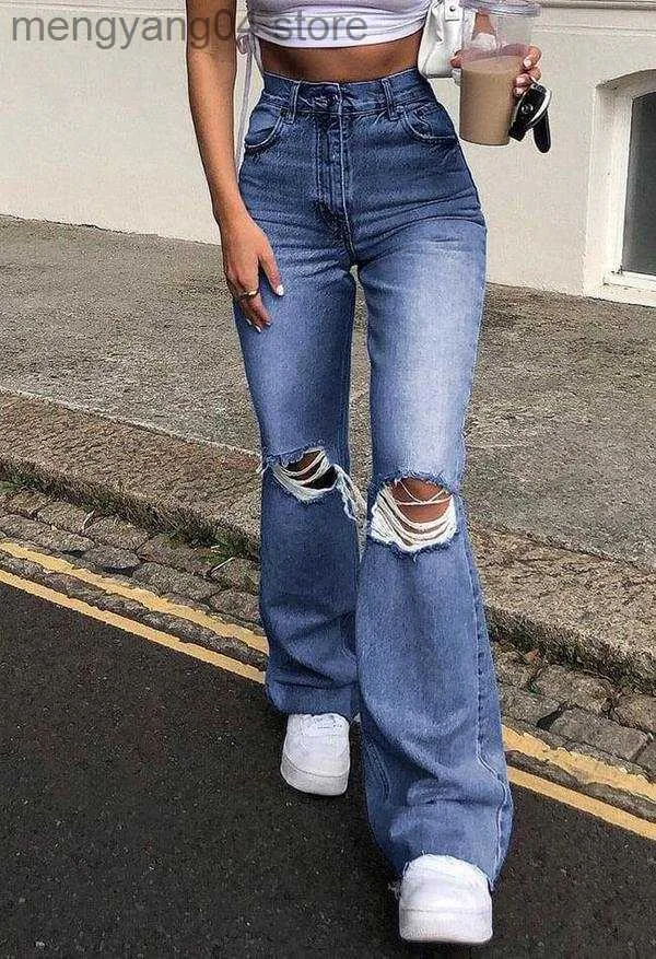 Womens 2021 Fall New High Waist Women Ripped Flare Jeans Retro