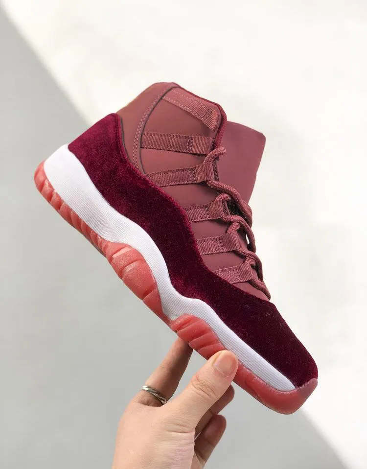 Men s Women s Red Velvet 11s Basketball Sneakers with Box Maroon Gold Metallic Shoes