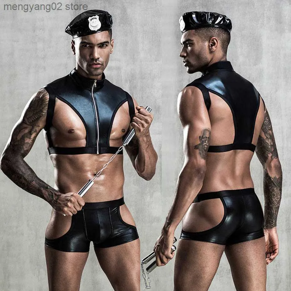 Sexig uppsättning JSY Sexig cosplay underkläder set män polis enhetlig latex underkläder svart erotisk underkläder porr kommer sexig roll spela kläder t230530