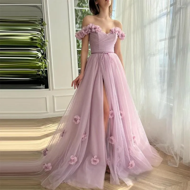 Sukienki imprezowe sevintage różowe kwiaty 3D frezowanie Tiul Tiul Prom z ramion wysoko z boku podzielone A-line wieczorowe suknie
