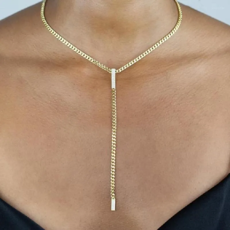 Ketens geometrische micro pave cz bar eenvoudige sexy y lariat lange vrouwen ketting goud kleur 3 mm Cubaanse kraagkraag