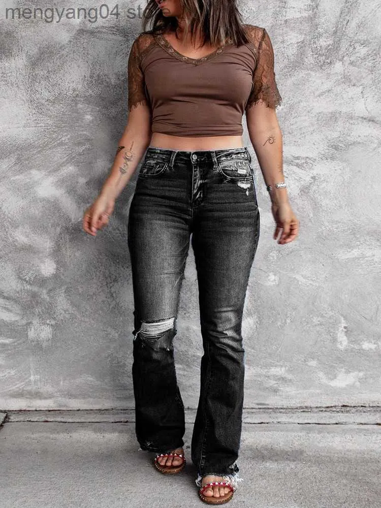 Womens Jeans High Waisted Ripped Bootcut Jeans High Waisted Black