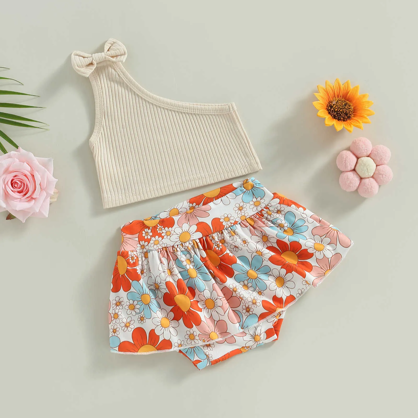 Conjuntos de roupas 2 peças para bebês meninas roupas de verão ombro sólido regatas e arco-íris/floral impresso saia shorts conjunto