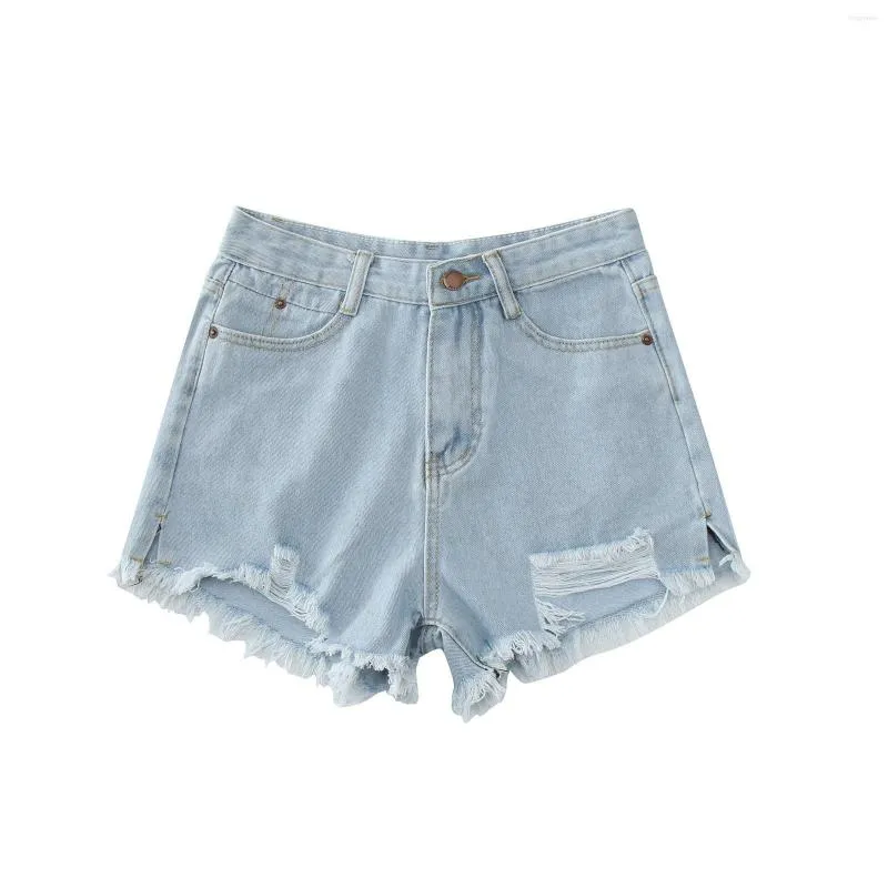 Kvinnors shorts Kvinnors fasta färghål byxor sommar tunn denim jeans botten rippade elastiska tätt casual frayed hög midja