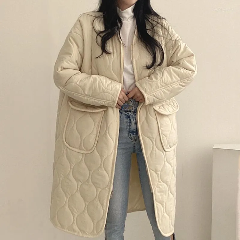 Women's Trench Coats Parka Women Winter Cotton Long Pockets Rhombus Pattern Thick Female Elegant Solid Warm Outerwears 2023