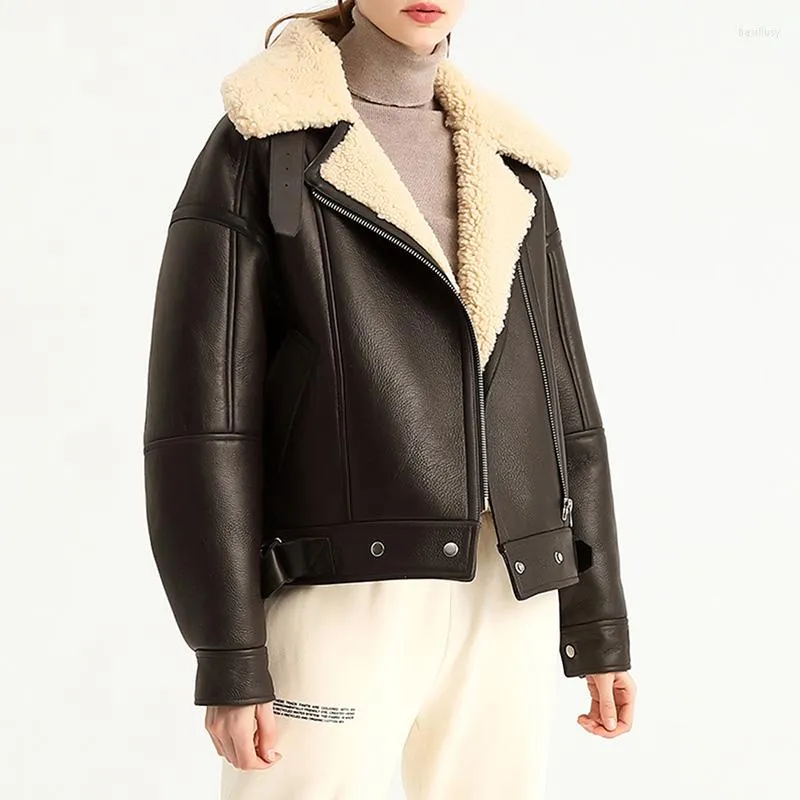 Women's Leather 2023 Genuine Sheepskin Shearling Coats Women Real Jacket Thick Warm Winter Stand Collar Crop MH5173L