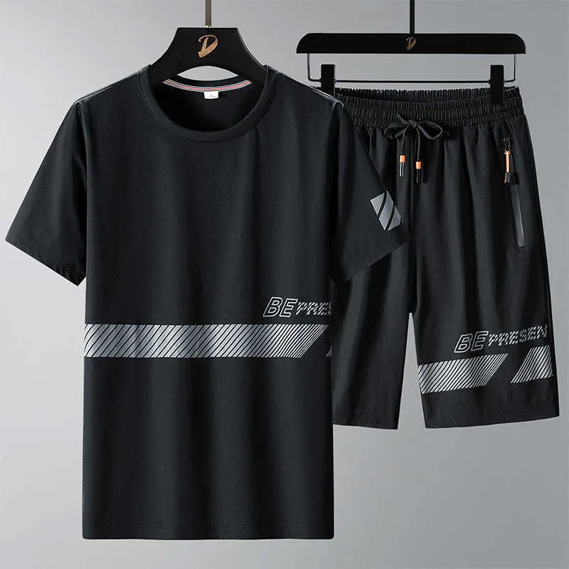 Men's Tracksuits Sportswear men's summer thin ice silk short sleeved T-shirt and shorts two-piece set loose large men's casual summer wear