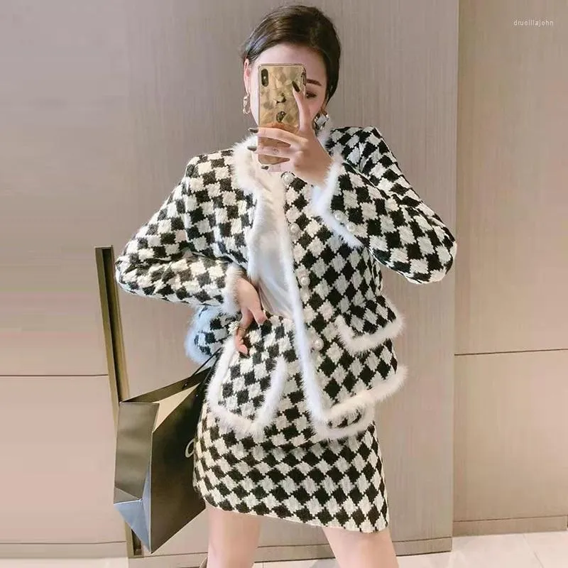 Trabalho veste a mulher Houndstooth Houndstooth elegante Jaqueta de Tweed Tweed Fêmea de duas peças Terno de peito de peito de peito de peito de peito